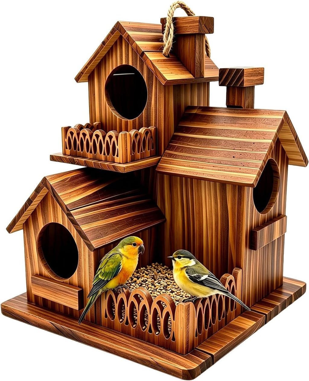 Wooden Bird Houses for Outside, 3 Compartments Villa Hanging Birdhouse, Carbonized Pine Nesting Box for Bluebird Wren