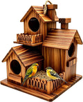 Wooden Bird Houses for Outside, 3 Compartments Villa Hanging Birdhouse, Carbonized Pine Nesting Box for Bluebird Wren
