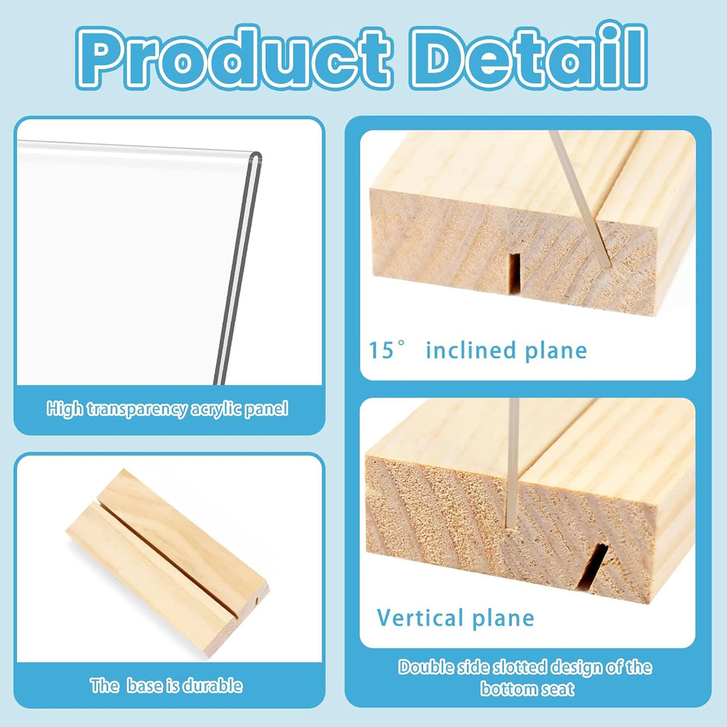 3 Pack 4"x6" Acrylic Sign Holder with Wood Base, L/T Shape Vertical or Slant Back Display, Clear Plastic Flyer