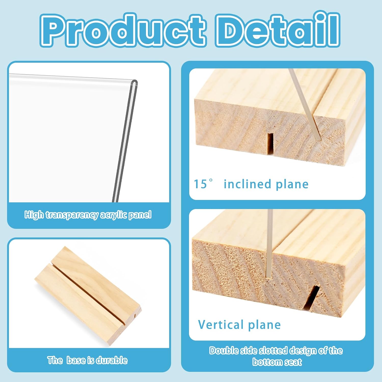 3 Pack 4"x6" Acrylic Sign Holder with Wood Base, L/T Shape Vertical or Slant Back Display, Clear Plastic Flyer
