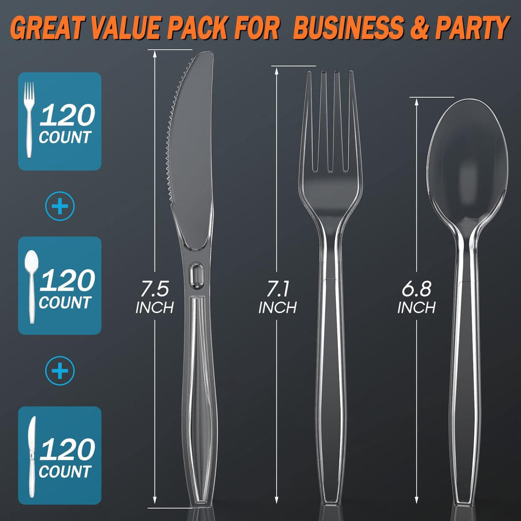 360 Count Plastic Silverware Heavy Duty, 120 Forks, 120 Spoons, 120 Knives