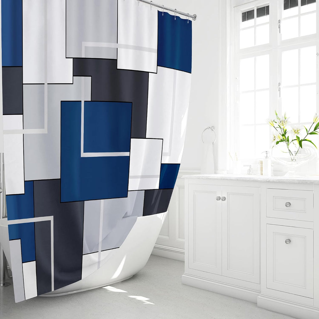 Navy Blue Modern Geometric Waterproof Fabric Shower Curtain Set, 72x72 | Premium Polyester, Decorative Shower Curtain
