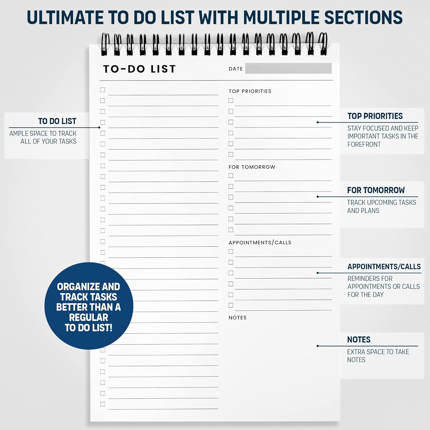 To Do List Notepad: With Multiple Functional Sections - 6.5 x 9.8" 60 Sheets - Spiral Daily Planner Notebook - Task