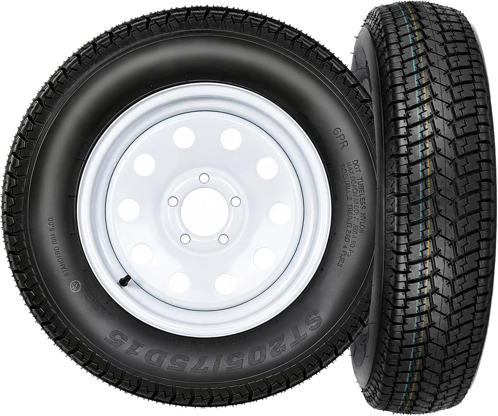 2 Pack 205/75/15 Trailer Tire and Wheel Assembly, 5 Lug on 4.5 Inch PCD with 15" Rims Load Range C 6PR White