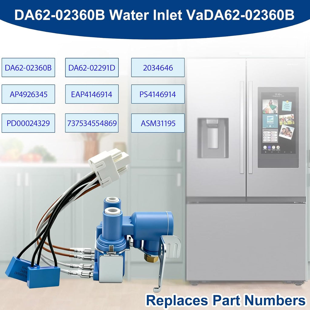 DA62-02360B Water Inlet Valve Compatible with samsung Refrigerator RS263TDBP, RS25H5111SG etc, DA62-02291D Water Inlet Solenoid Valve Replace 2034646, AP4926345, EAP4146914, PS4146914, 737534554869