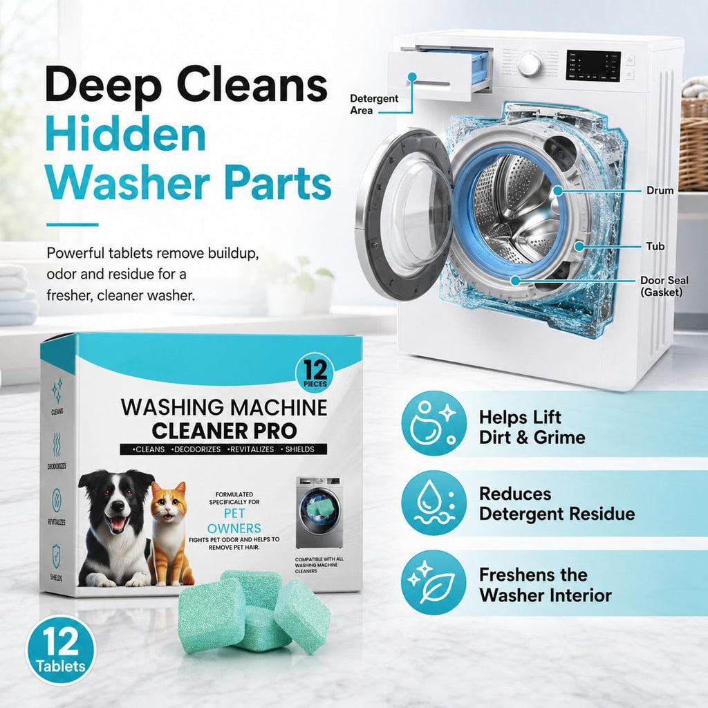 Washing Machine Cleaner Tablets, 12 Count Washer Cleaner for Pet Owners, Deep Cleaning Deodorizer for HE Front Load
