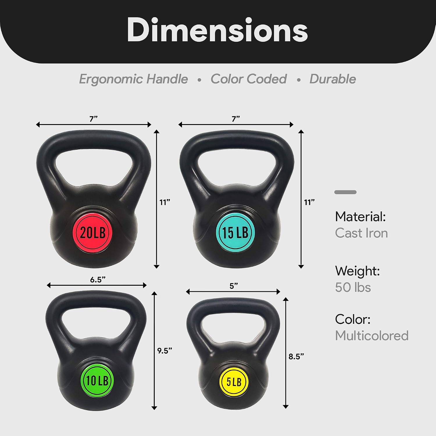 Vinyl Kettlebell Set, 30/45/50/75 Pound Options – Cement-Filled Strength Training Weights with Ergonomic Grip and