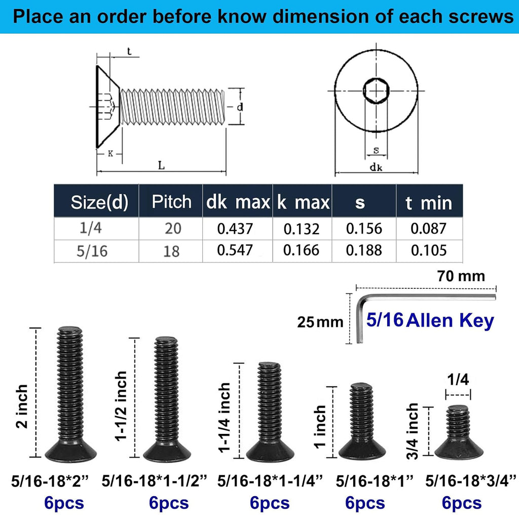 30pcs 5/16-18 x (3/4" to 2") Flat Countersunk Head Socket Head Cap Screws with Hex Key, 10.9 Grade Alloy Steel, Black Oxide Finish, Allen Hex Socket Drive, Full Threaded, Coarse Thread UNC