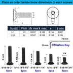30pcs 5/16-18 x (3/4" to 2") Flat Countersunk Head Socket Head Cap Screws with Hex Key, 10.9 Grade Alloy Steel, Black Oxide Finish, Allen Hex Socket Drive, Full Threaded, Coarse Thread UNC