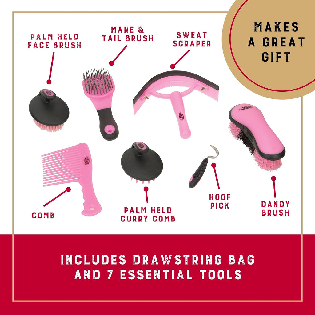 Horse Grooming Kit, 7-Piece Horse Brush Set with Organizer Tote Bag, Hoof Pick, Comb, Sweat Scraper, Equine Tools for
