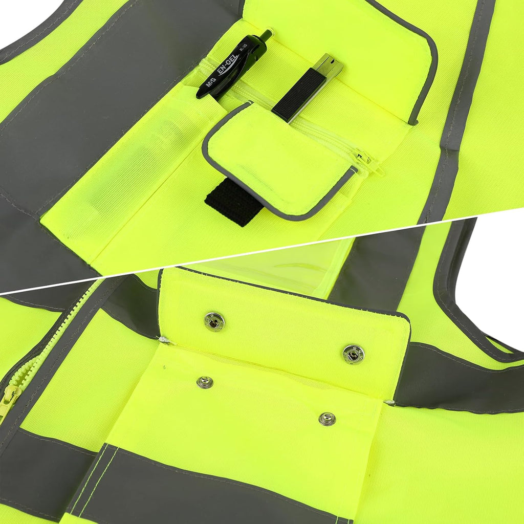 Class 2 High Visibility Safety Vest with Zipper Front, 9 Pockets & Reflective Strips, Meets ANSI/ISEA Standard