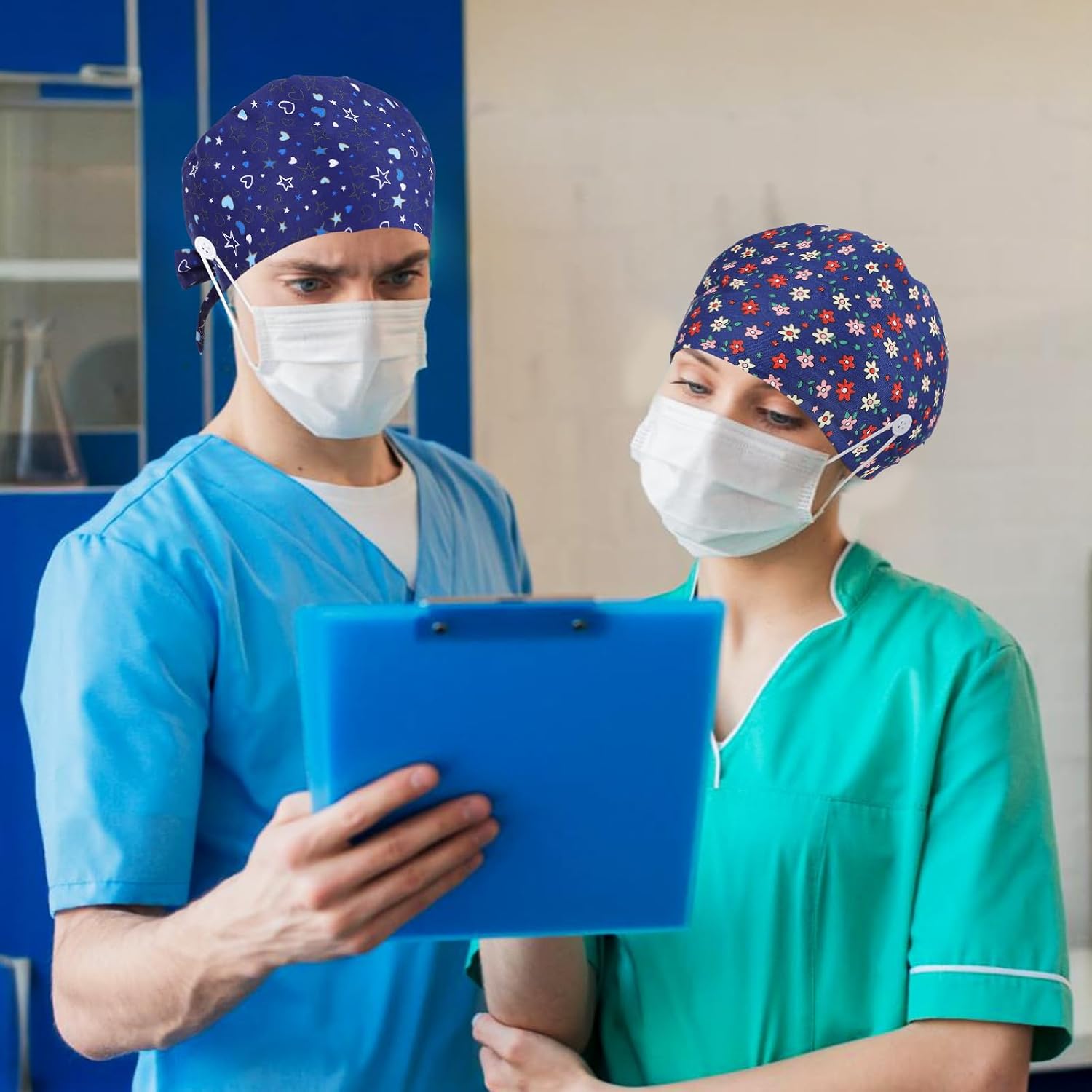 Heclia 2PCS Women Nurse Caps, Elastic Tie Back Scrub Cap, Nursing Working Caps with Adjustable Elastic Sweatband