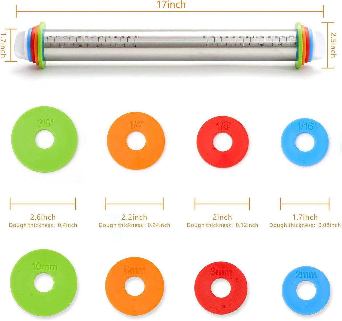 Rolling Pin with Thickness Rings, Fulimax 17" Adjustable Stainless Steel Rolling Pins for Baking, Dough Roller for