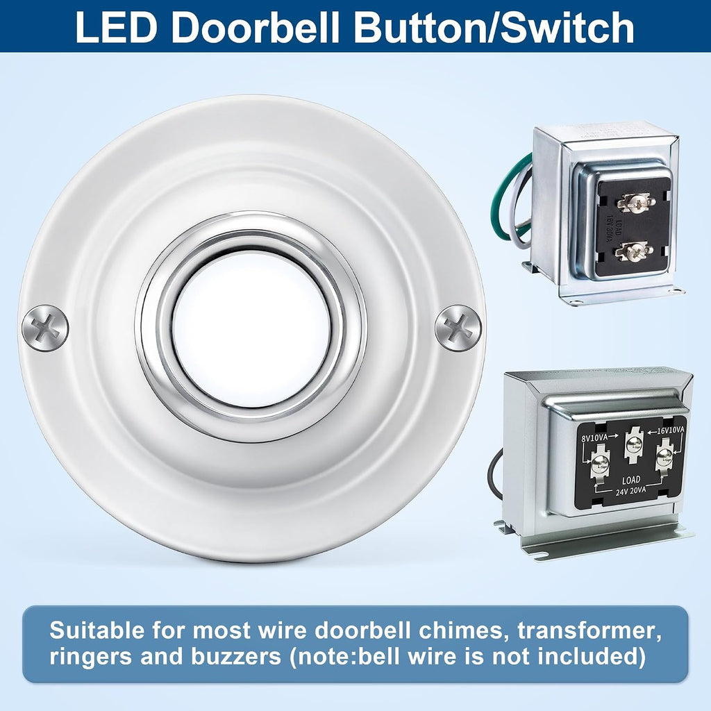 Door Bell Button, Round Metal Doorbell Button Wired Lighted Up LED Door Buttons Replacement Solid Iron Doorbell for