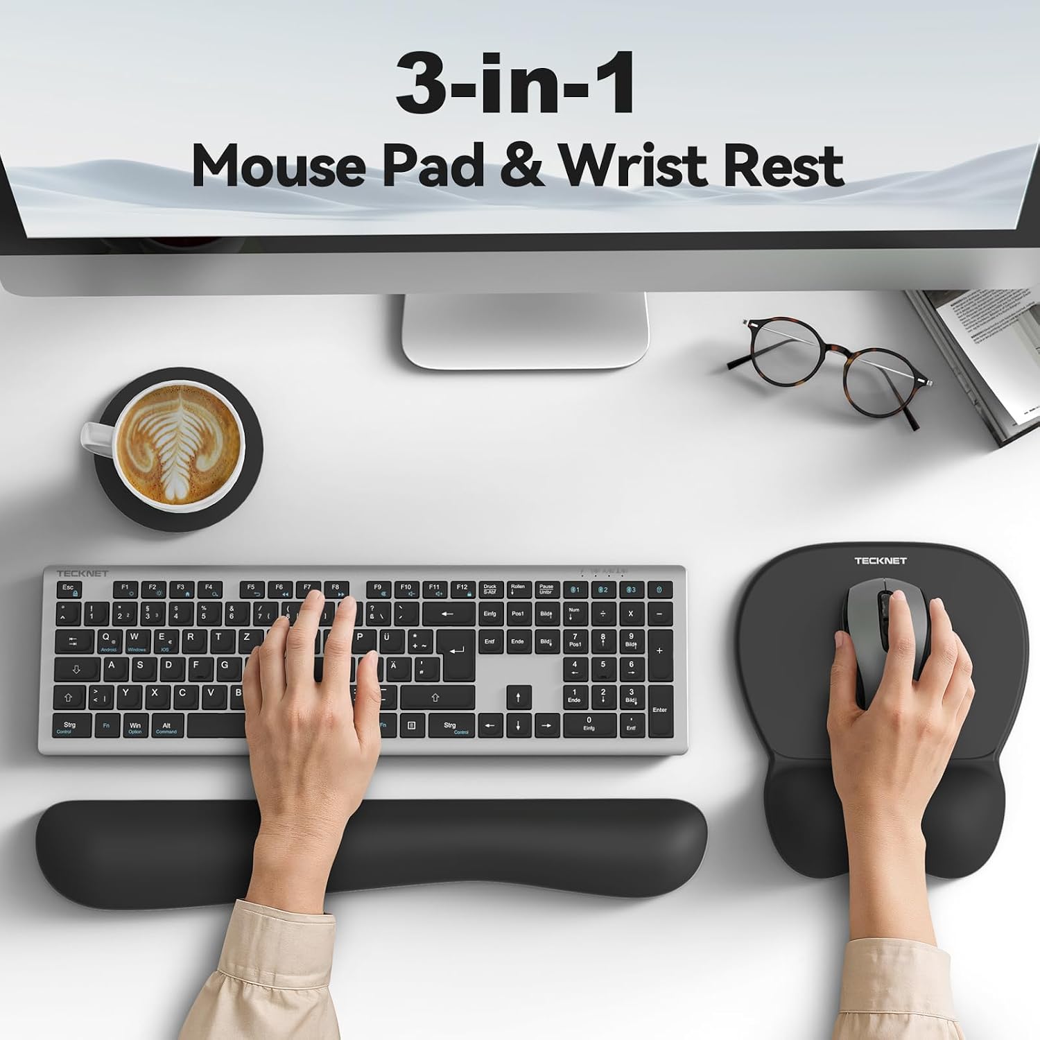 Gel Ergonomic Mouse Pad & Keyboard Wrist Rest & Coaster | 3 in 1 Set, Pain Relief, Milk Silk Cloth, Non-Slip PU Base