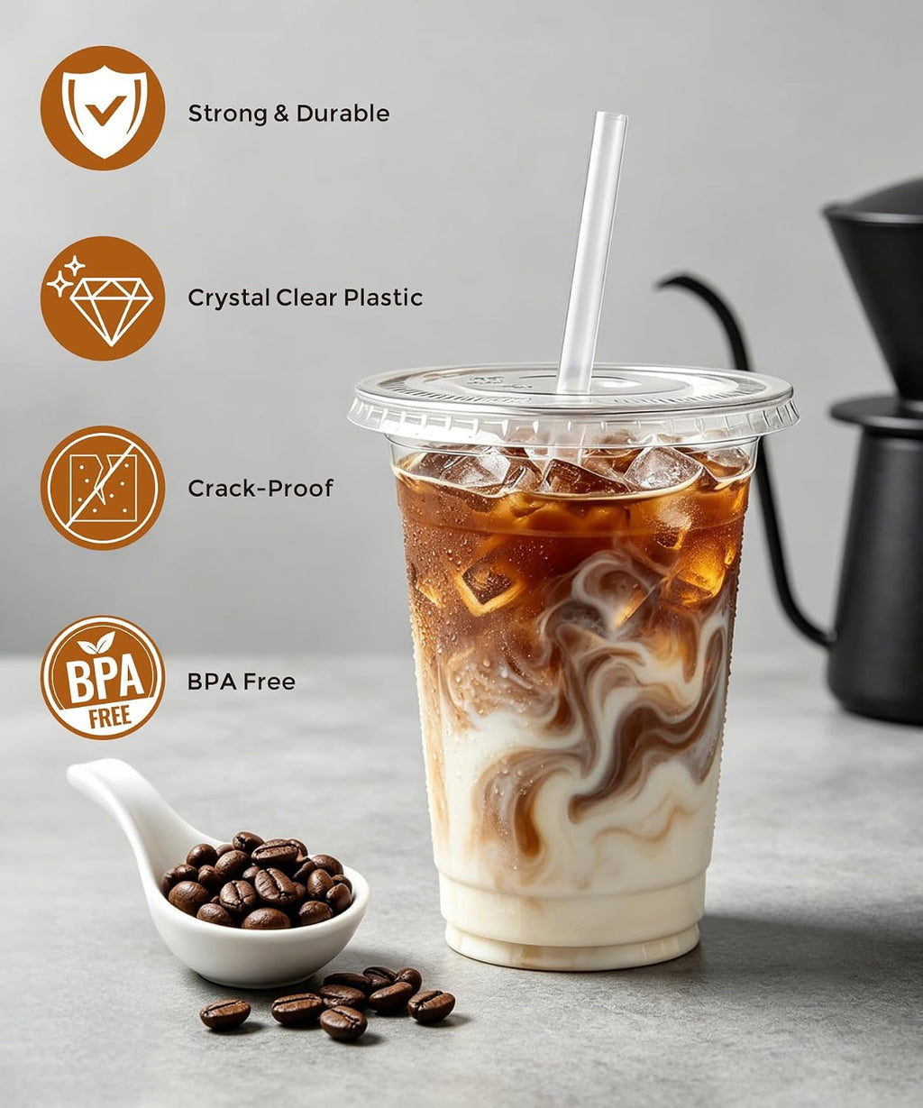 50 Pack 16 oz Clear Plastic Cups with Lids and Straws