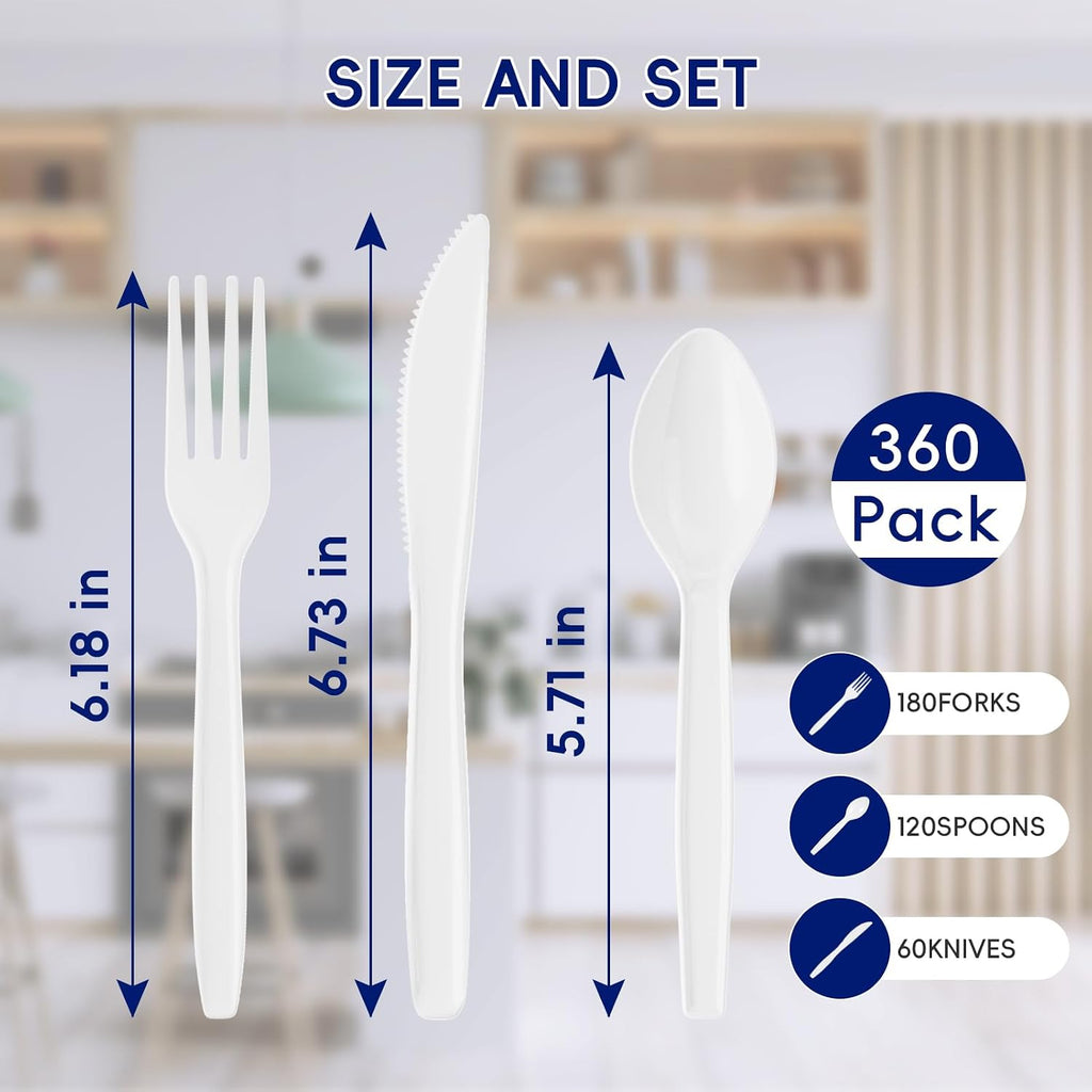 360 White Plastic Silverware, Utensils Set 180 Forks, 120 Spoons, 60 Knives