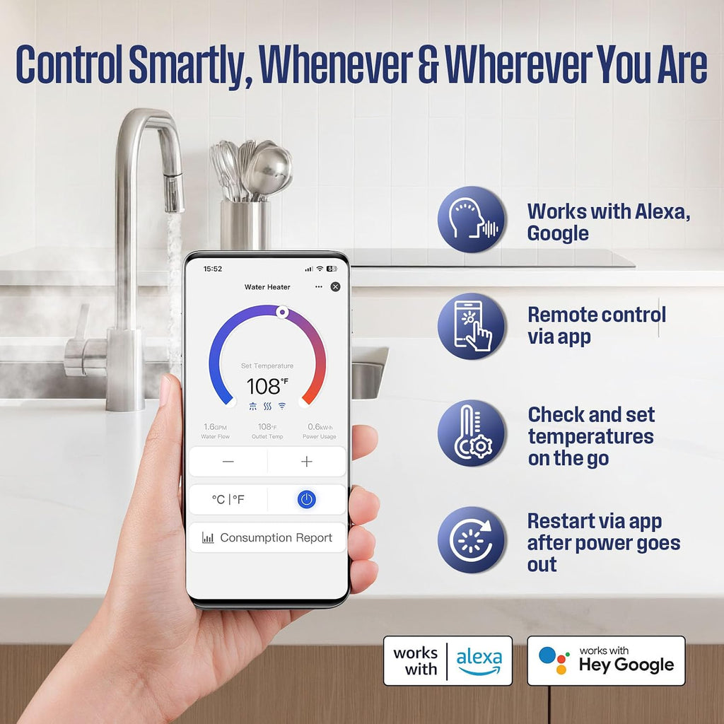 8kW Tankless Water Heater Electric, Low Watt 240V, Smart WiFi | Instant Hot Water Heater, Under Sink Water Heater