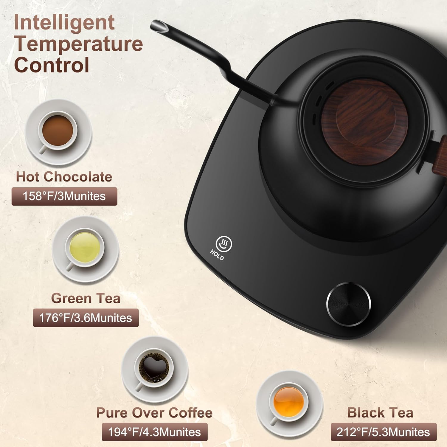 Gooseneck Electric Kettle, Intelligent Temperature Control, Stainless Steel Inner, Quick Heating, for Pour Over