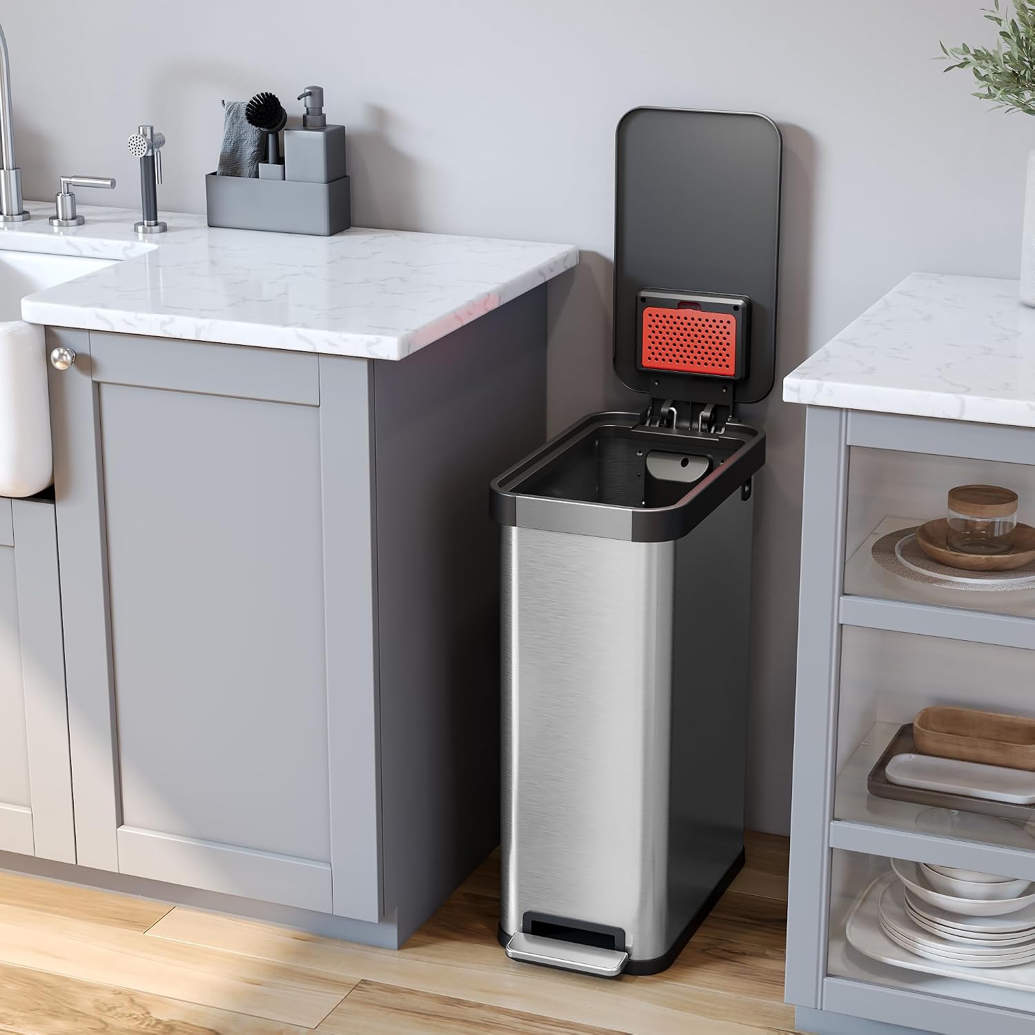 SoftStep EXP 50 Liter / 13.2 Gallon Slim Step Pedal Kitchen Trash Can with Odor Filter, Indoor Recycling Bin, Soft