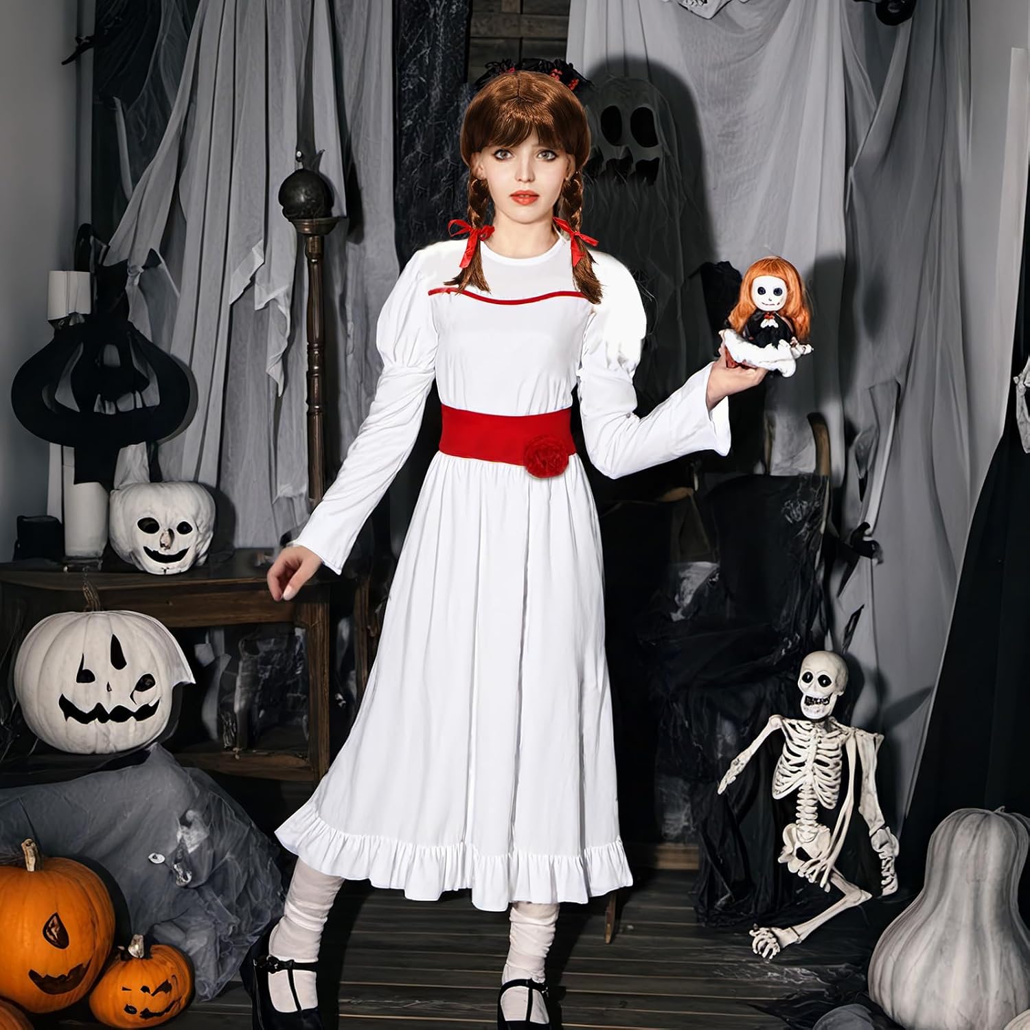 Halloween Annabelle Costume Adult Long White Dress Horror Scary Ghost Role Play Costume Annabelle Wig Cosplay Suits