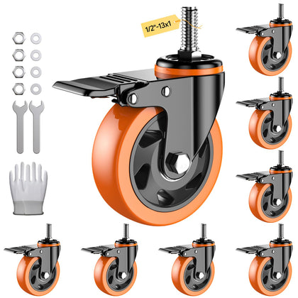 Caster Wheels Heavy Duty 5 Inch Casters Set of 8, Threaded Stem Casters 1/2"-13 x 1(Stem Diameter 1/2", Stem Length