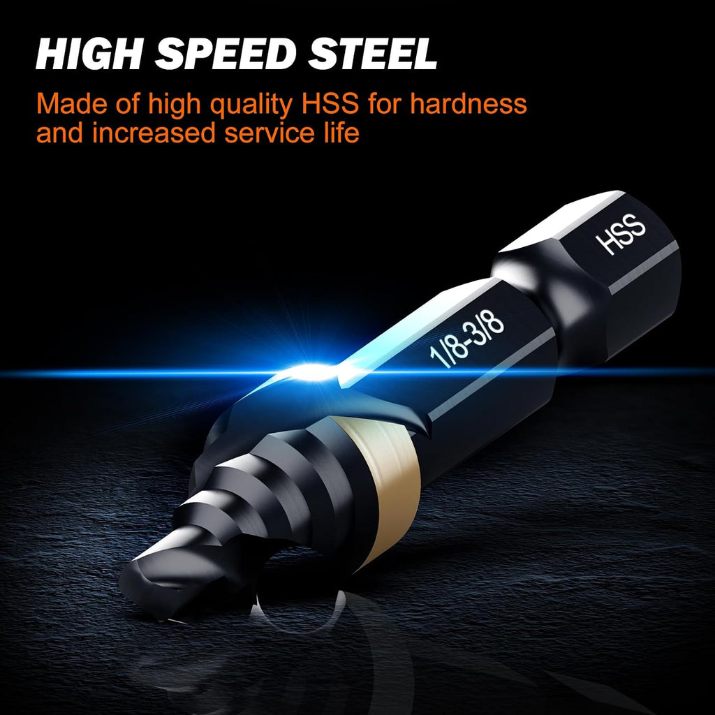 THINKWORK Step Drill Bit, HSS Single Size Step Drill Bit 1/8"-3/8", Mini Portable Unibit, 1/4" Hex Shank Step Bits for Soft Metal, Steel, Wood, Plastic