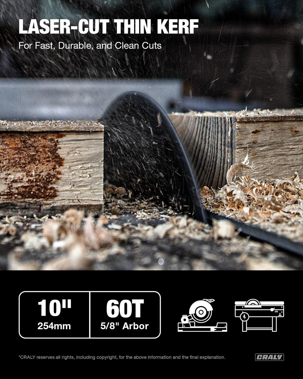 10 Inch 60 Teeth Fine Finish Wood Cutting Circular Saw Blade, 5/8 Inch Arbor, Carbide Tipped, Thin Kerf, Black Ice