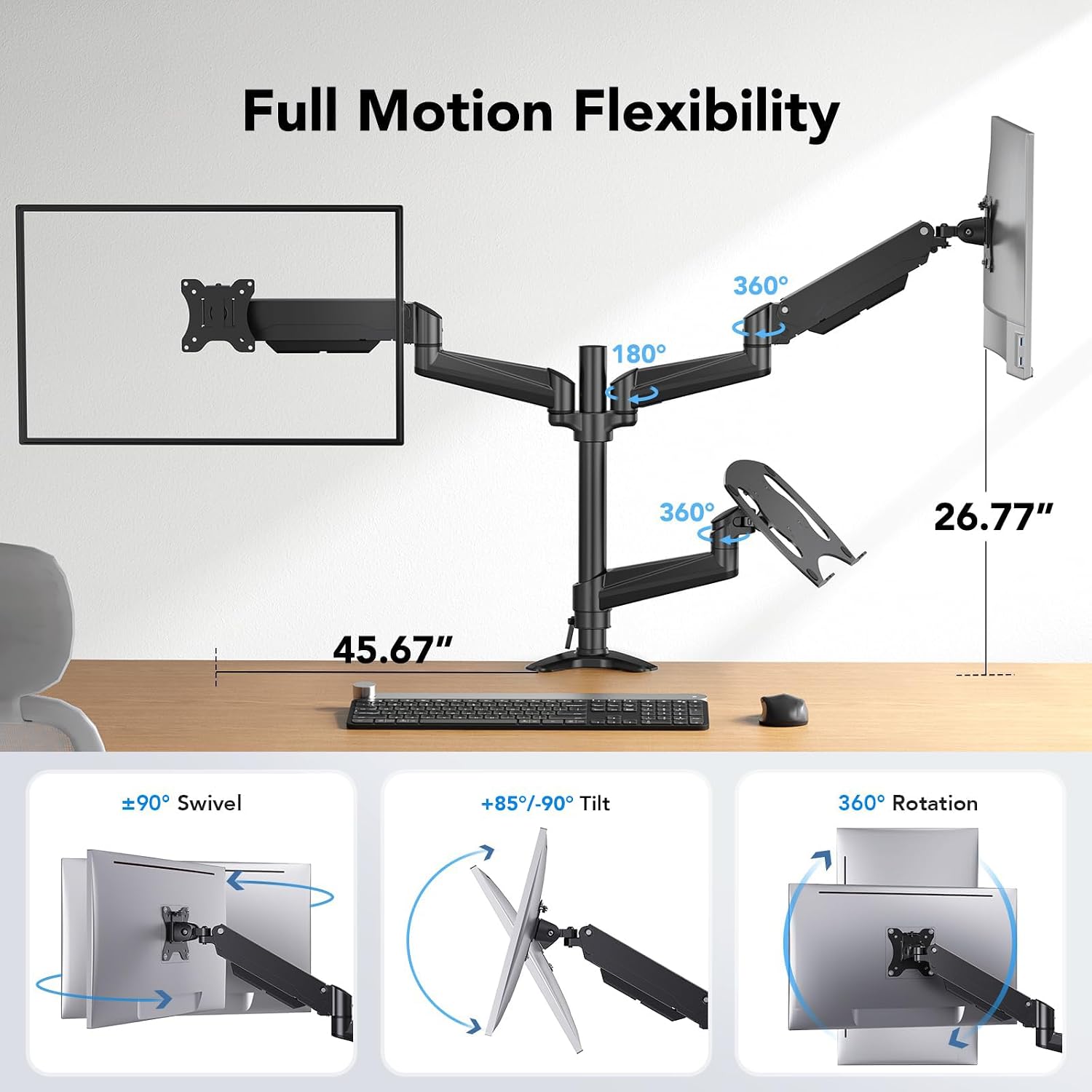 Dual Monitor and Laptop Mount for Max 32” Monitor and 17” Laptop, Adjustable Arm with Tilt, Swivel and Rotation, Dual