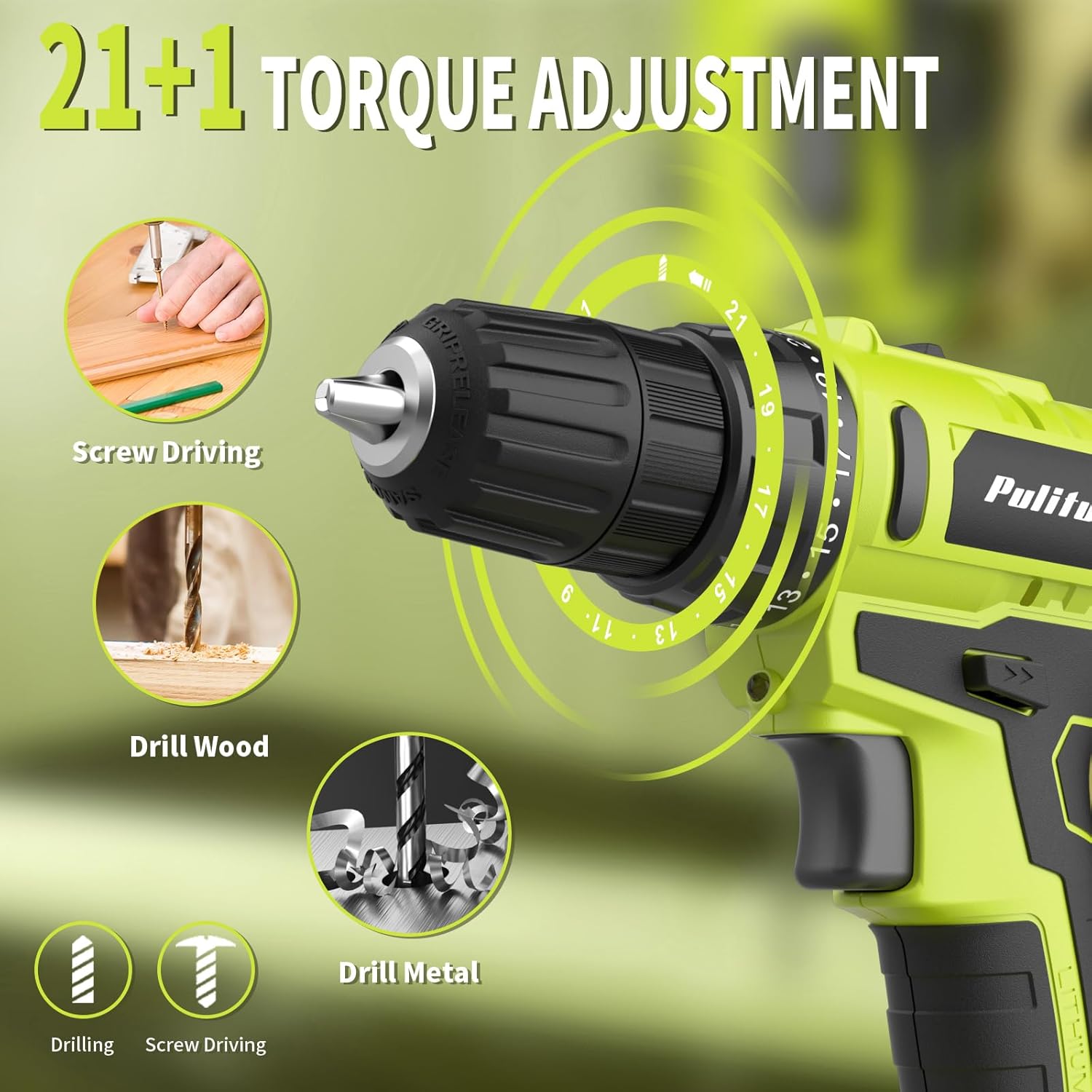 'S 20V Cordless Drill/Driver, Electric Screwdriver - 2 Batteries, 30Nm, 21+1 Torque, 2 Speed, Keyless 3/8" Chase