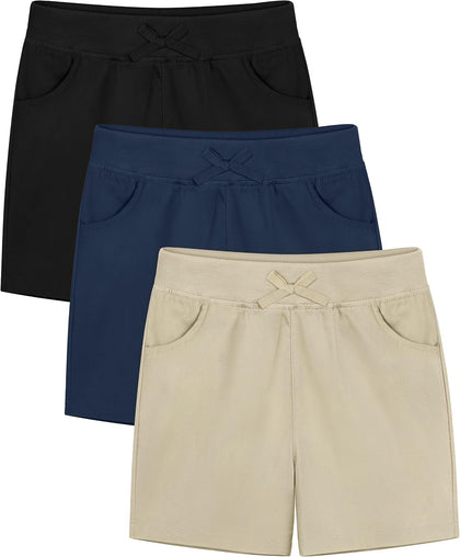 3 Pack Girls School Uniform Bermuda Shorts Pull-on Chino Elastic Waist Summer Soft Play Shorts with Pockets 5-13Y