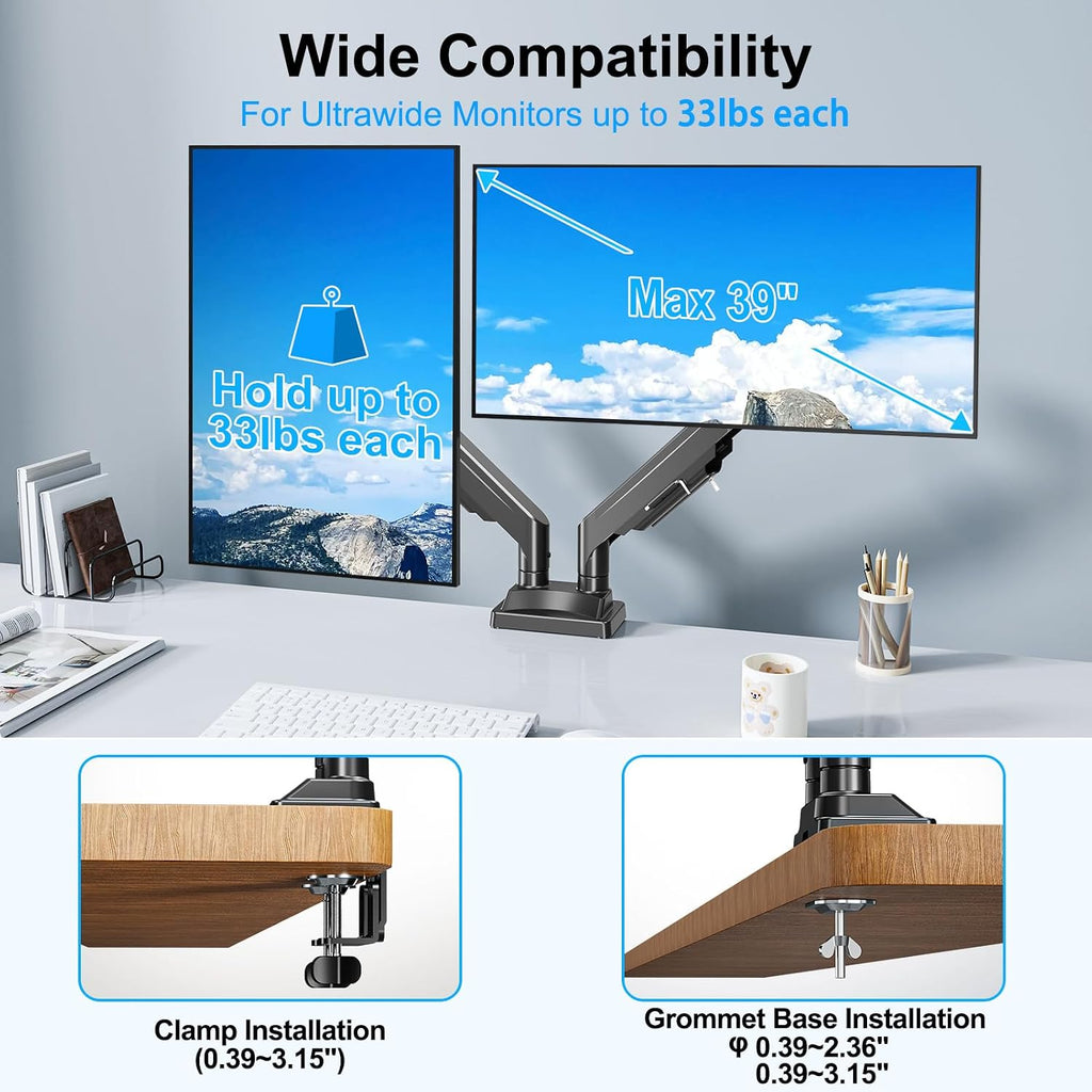 Dual Monitor Mount for Screens up to 43", Heavy Duty Monitor Arm | Ultrawide Desk Mount Holds 2.2-33lbs Each, Premium