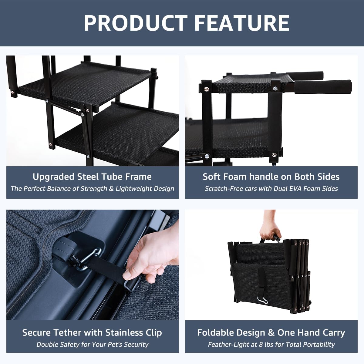 Foldable Dog Stairs for Large Dogs - Extra Wide Pet Ramp for Cars, SUV, Non-Slip Surface, Supports Up to 250 Lbs, 5