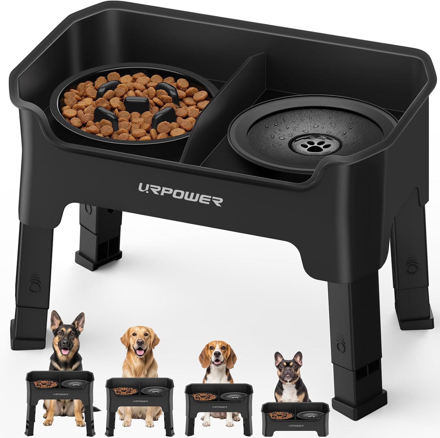 Mess Proof Elevated Dog Bowls 4 Height Adjustable Raised Stand with No Spill Water Bowl and Slow Feeder Dog Bowls