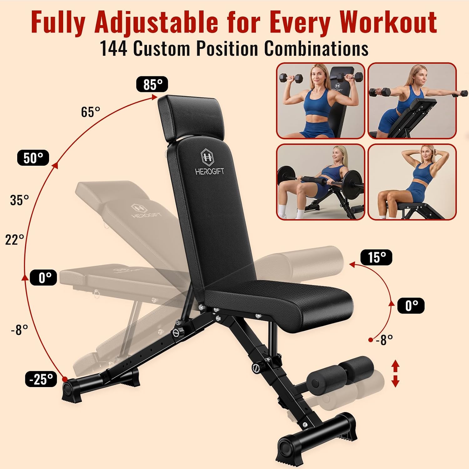 Adjustable Weight Bench, 144 Configurations with 3-Position Headrest, Foldable Workout Bench with Extended Backrest