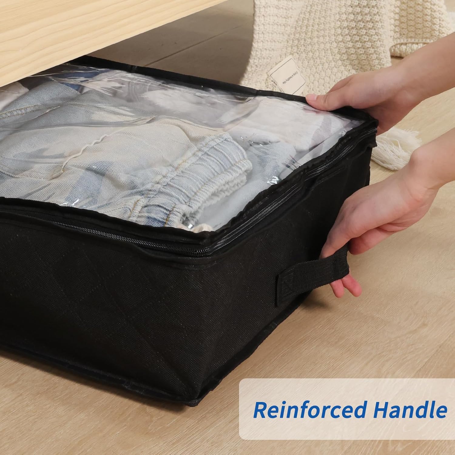 Black Underbed Storage Bags with Clear Window and 2 Reinforced Handles Under Bed Storage Containers for Clothing