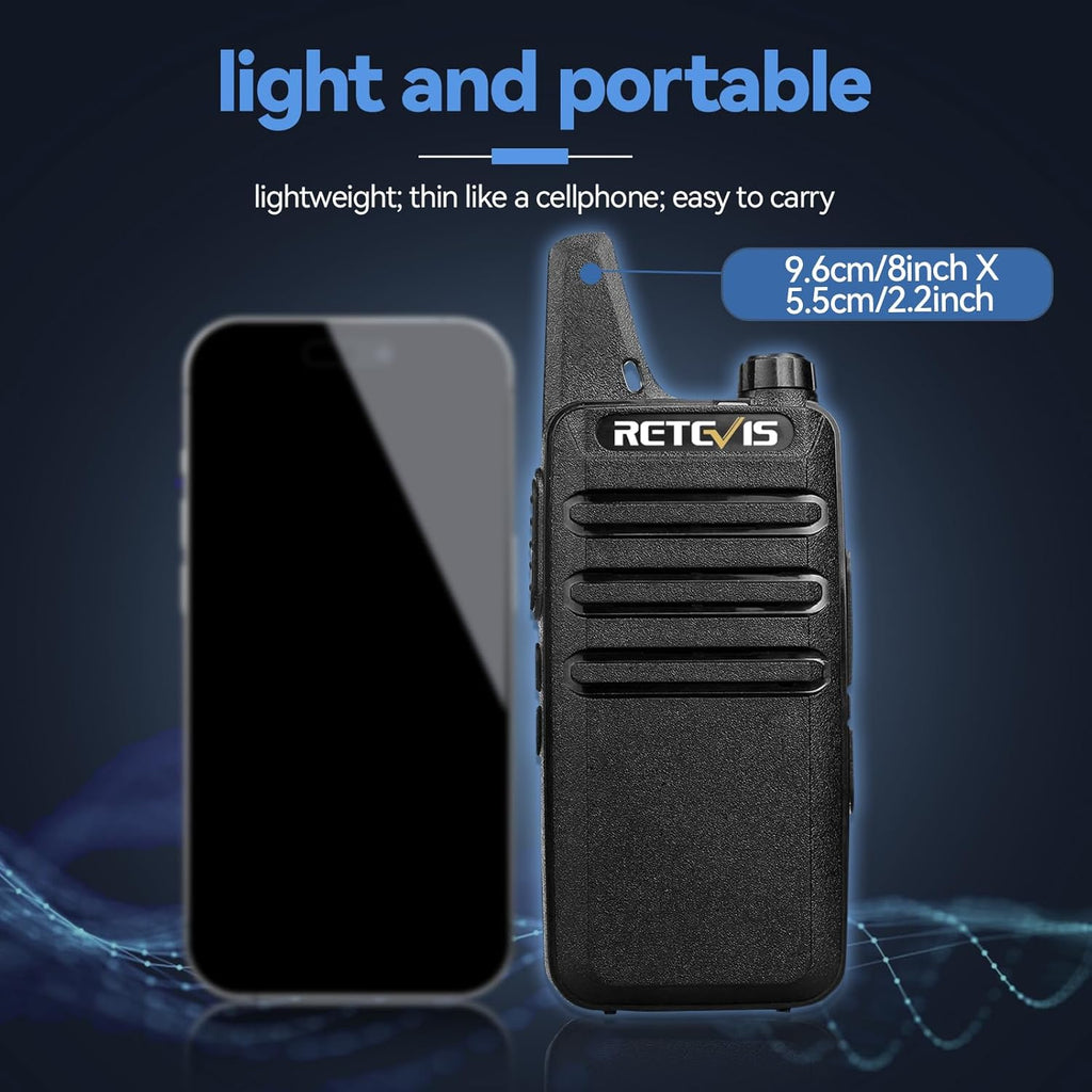 RT22 Walkie Talkies Long Range Rechargeable with Earpiece (2 Pack) | Slim & Lightweight 2 Way Radio For Camping &