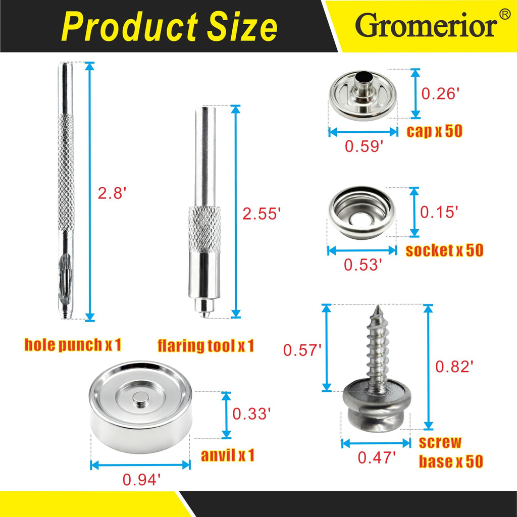 Snap Button Kit with Screw Studs, 50 Sets Snaps & 3 Install Tools