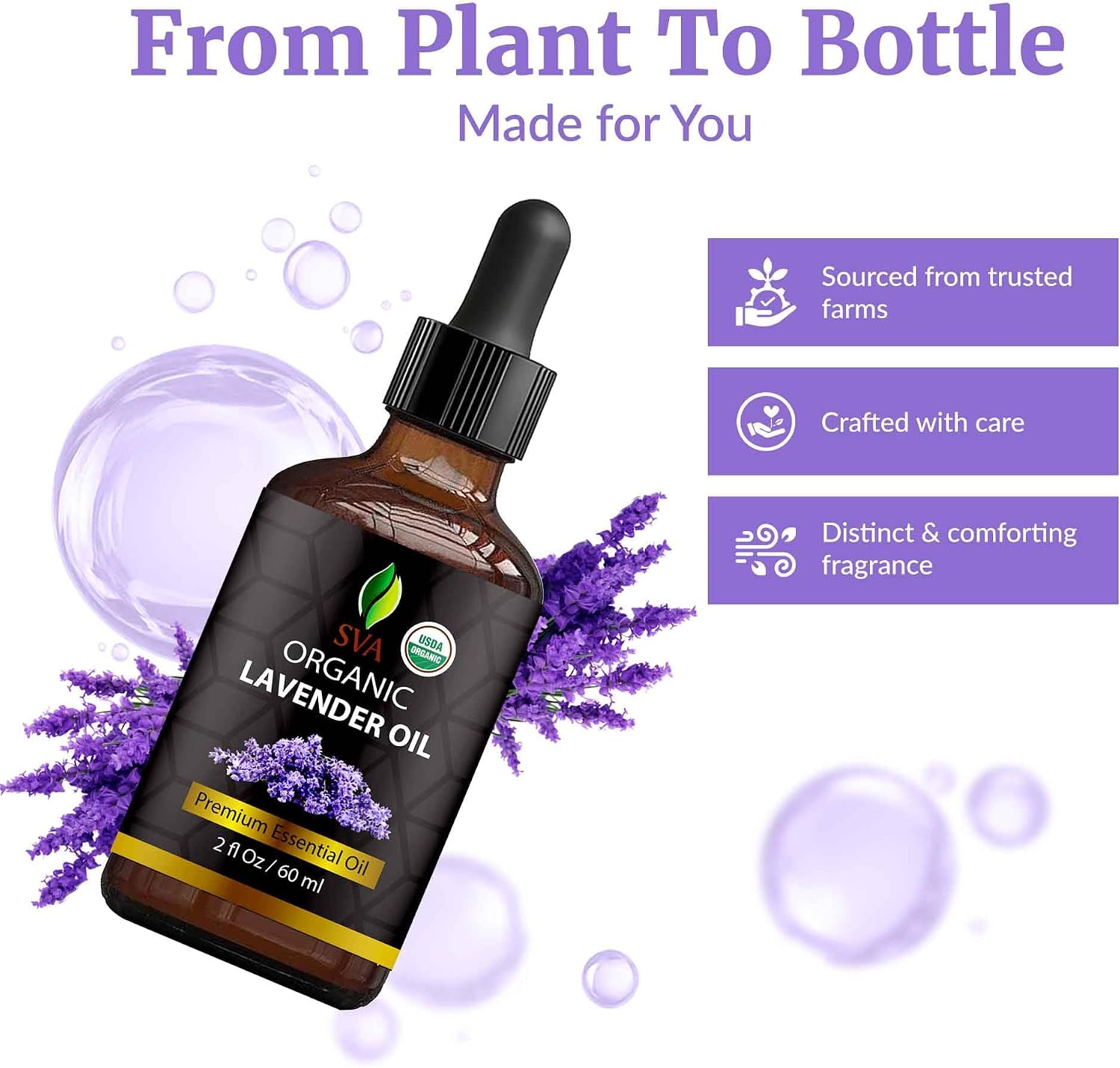 SVA Organic Lavender Essential Oil with Dropper, 2 Fl Oz (60 ml) | Lavender Oil for Diffuser, Humidifier, Linen