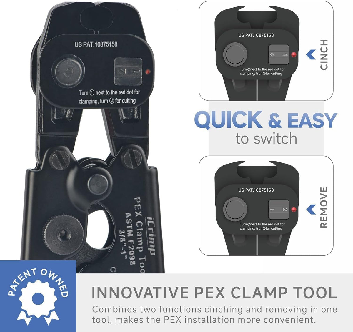 iCrimp PEX Crimping Tool Kit with Clamps, Cinch & Removal Tool for 3/8"-1"