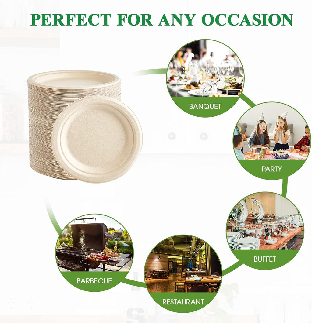 350 Pack Compostable Bagasse Paper Plates 6.9 inch, Nature