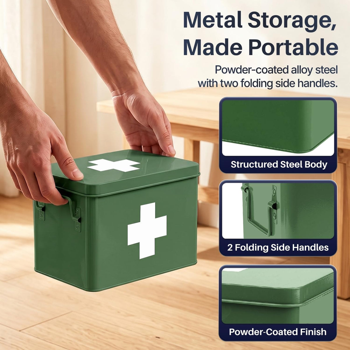 Large Metal First Aid Box Empty, 8.5-Inch, Green with White Cross