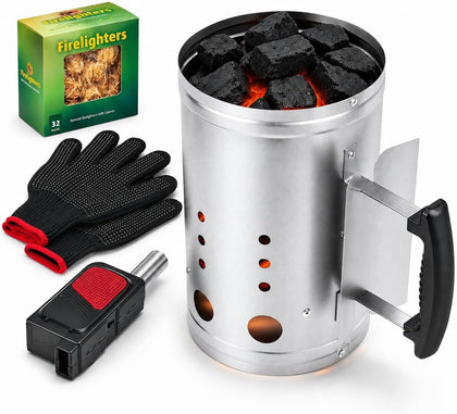 BBQ Charcoal Chimney Starter Set with Cubes, Air Blower and Mitts