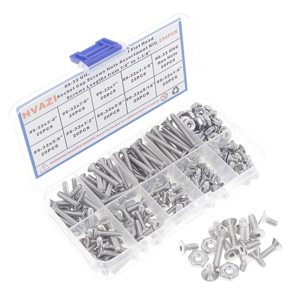 #6-32 UNC 304 Stainless Steel Flat-Head Socket Cap Screws, Nuts Kit