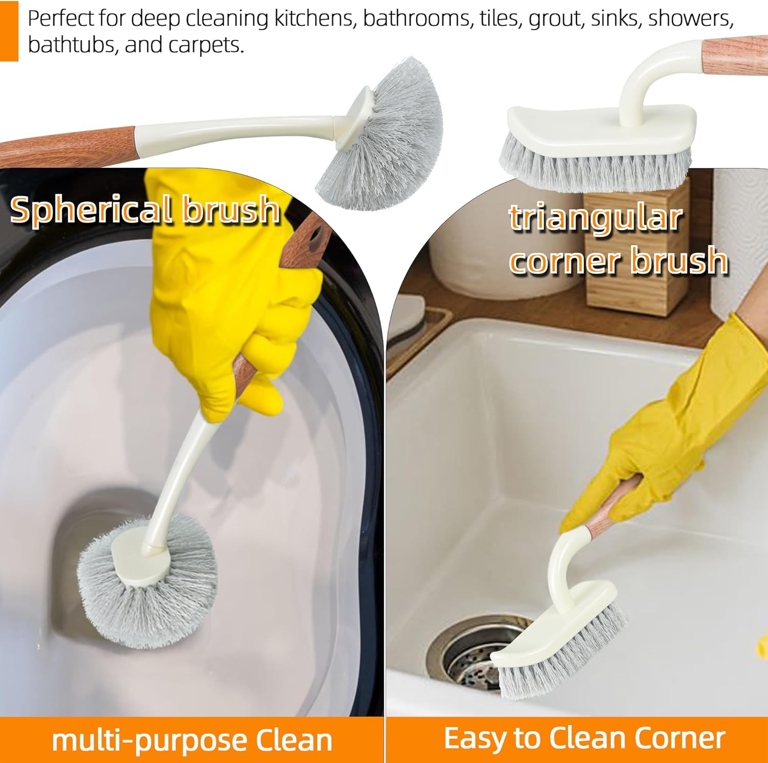 5-Pack Heavy Duty Scrub Brushes Set with Wooden Handles, Multi-Surface Scrubber for Kitchen, Bathroom, Tile & Grout