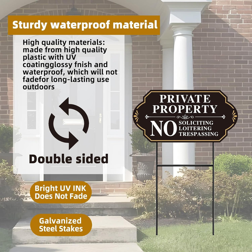 Private Property No Soliciting Sign for House, No Soliciting Yard Sign, 2-Pack 14"x7" Double-Sided H-Stake Metal