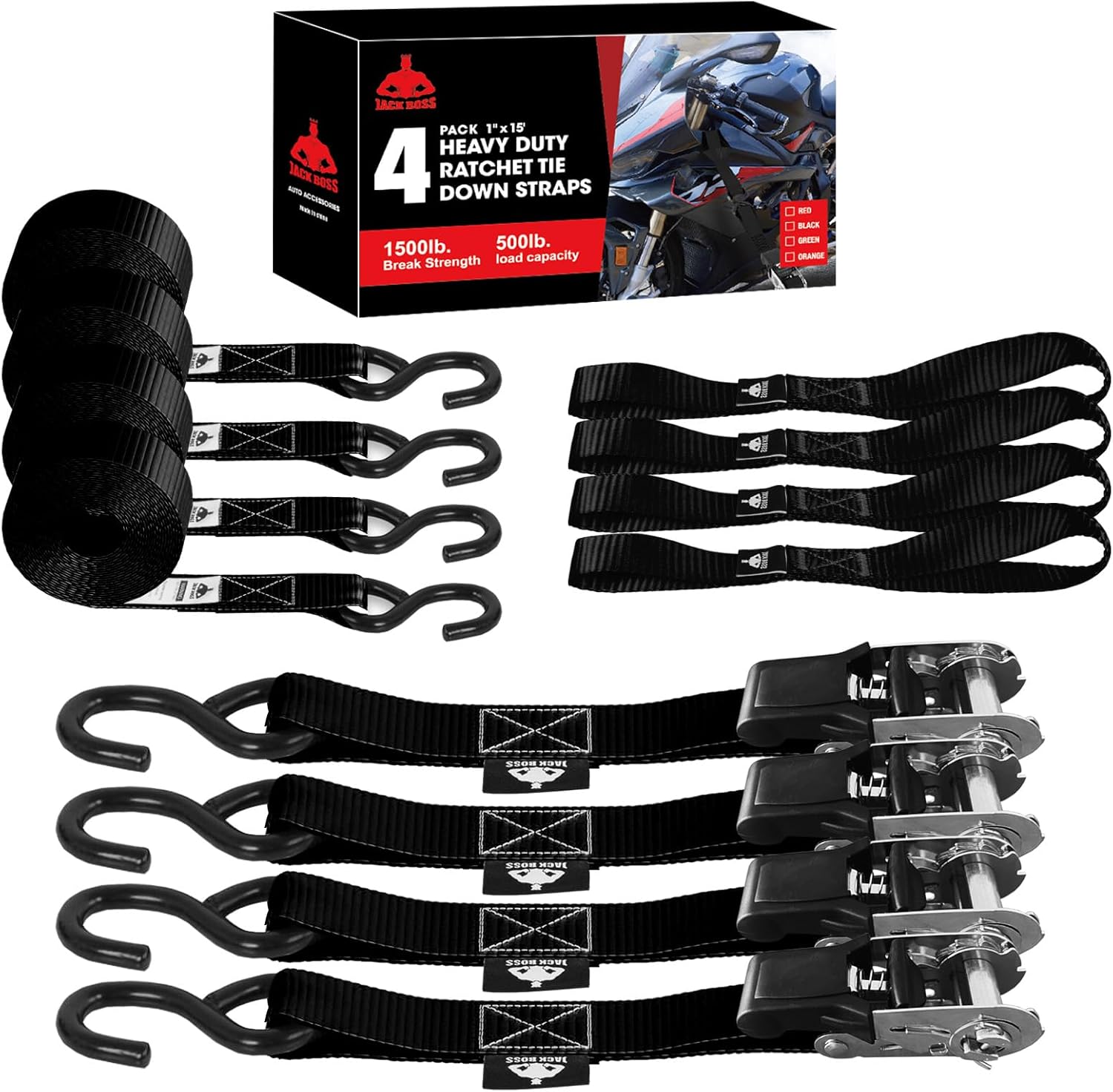 Ratchet Tie Down Straps Set,1500 lbs Break Strength, 1" x 15' Heavy Duty Ratchet Straps with 4X Soft Loops Padded