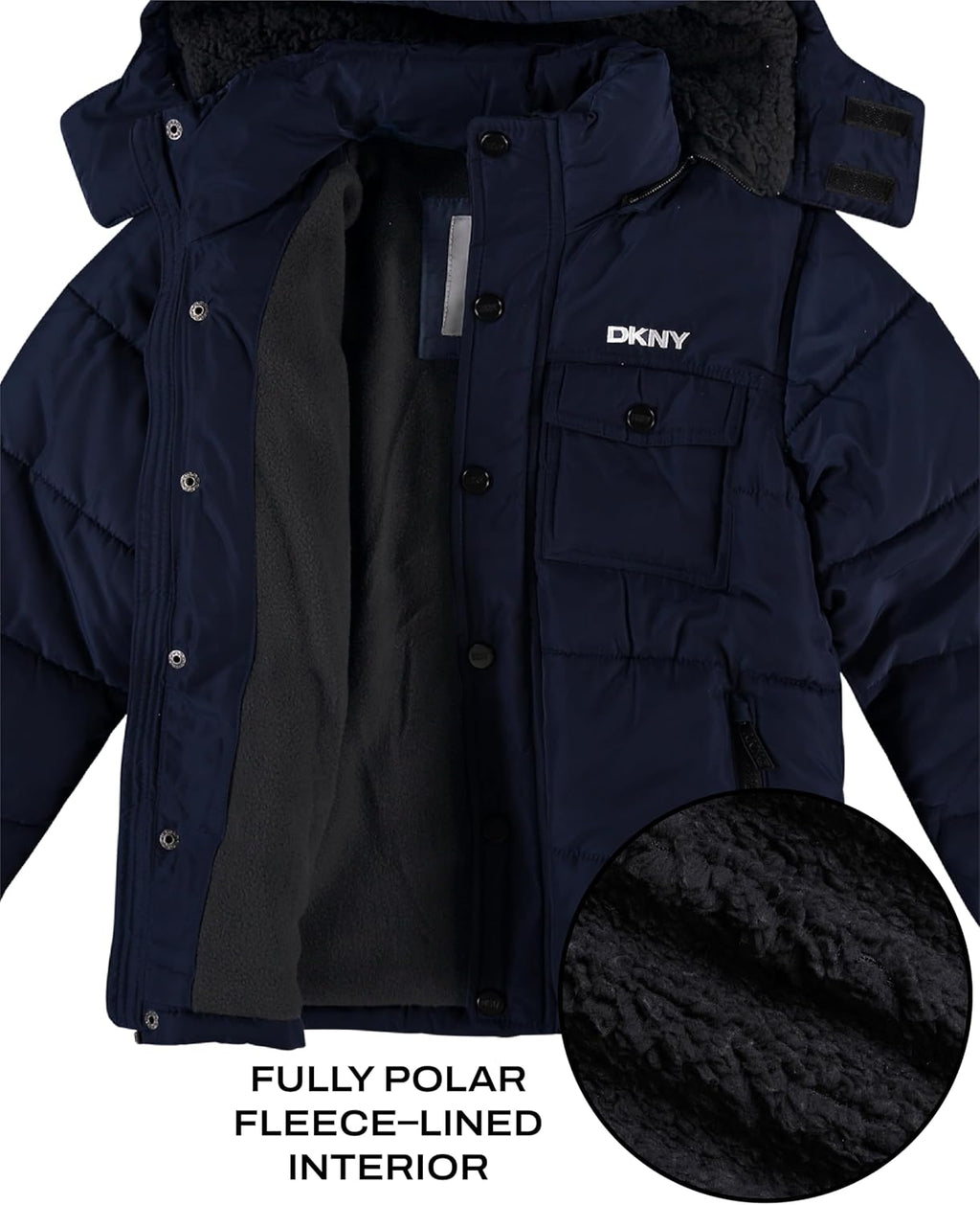 DKNY Boys Winter Jacket, Puffer Jacket, Polar Fleece Lined Sherpa Hood Coat | Weather Resistant, Heavyweight