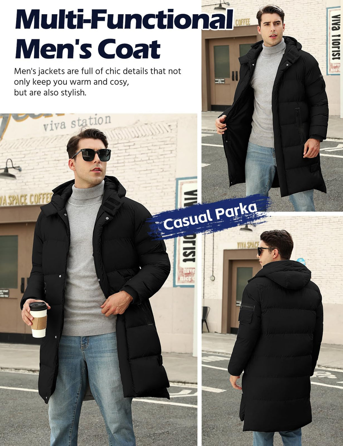 Men's Long Puffer Coat Hooded Quilted Water-Resistant Jacket