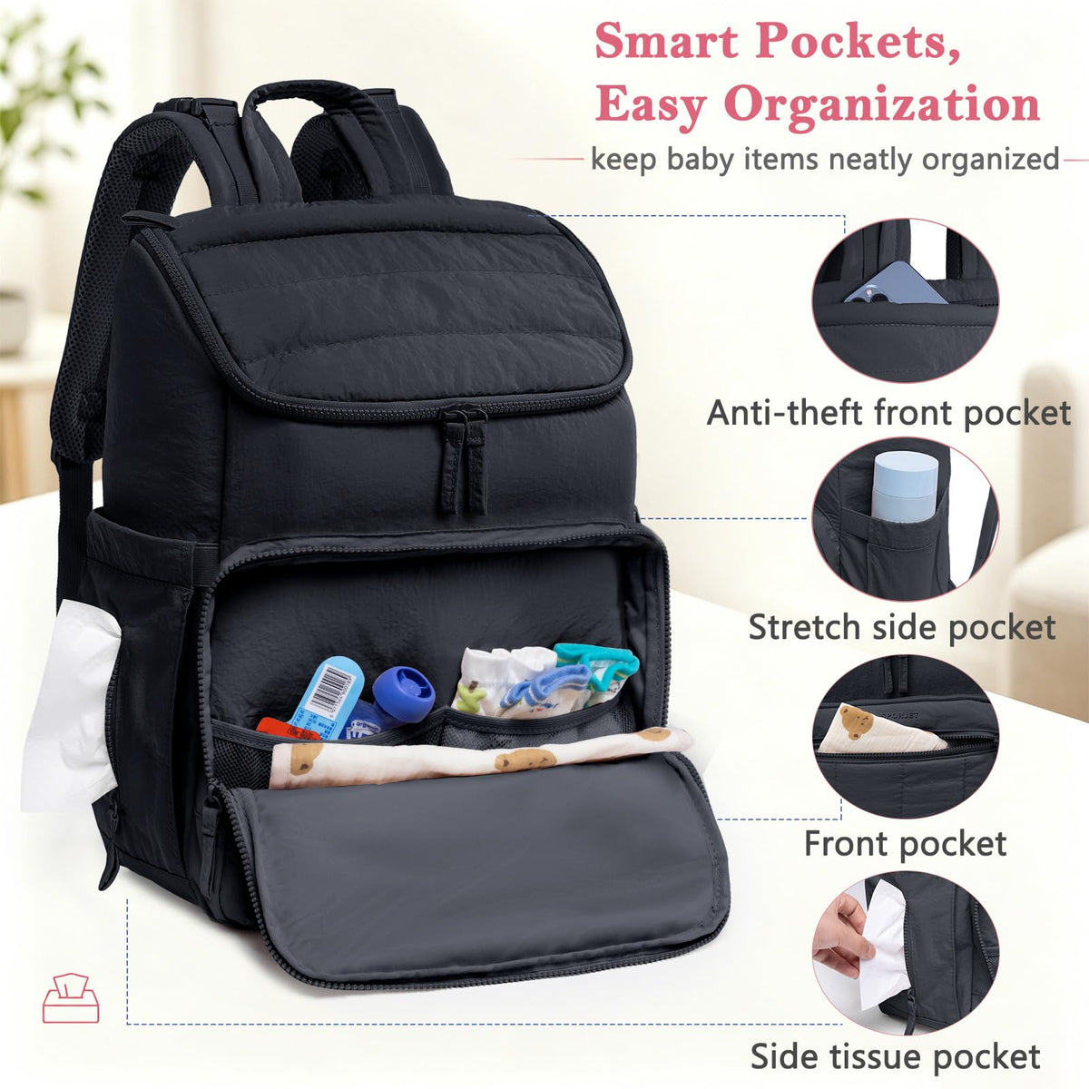 Puffy Diaper Bag Backpack for Mom, Large Quilted Baby Backpack